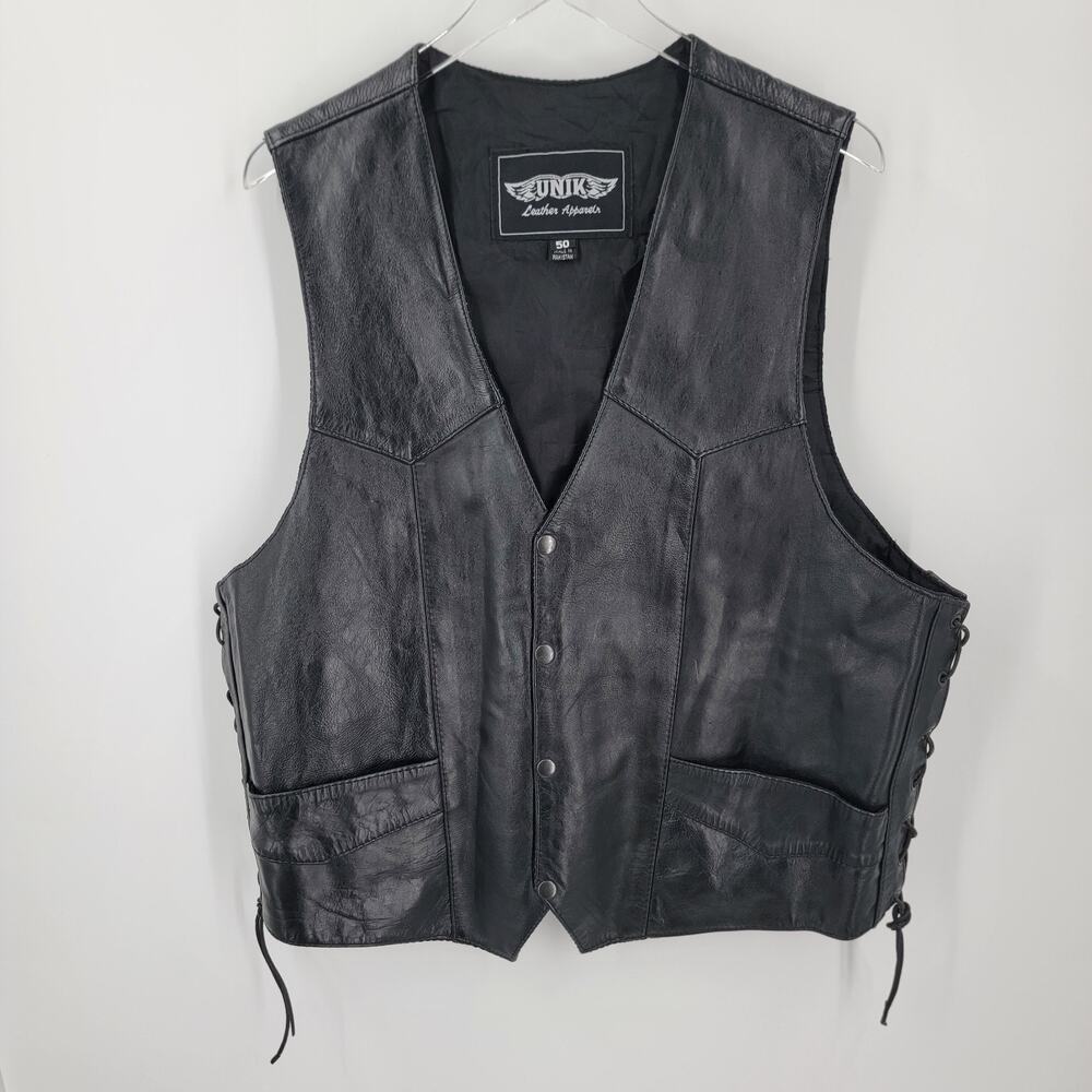Unik Leather Apparel Motorcycle Vest Mens 50 Black Snaps Tie Sides Lined Biker